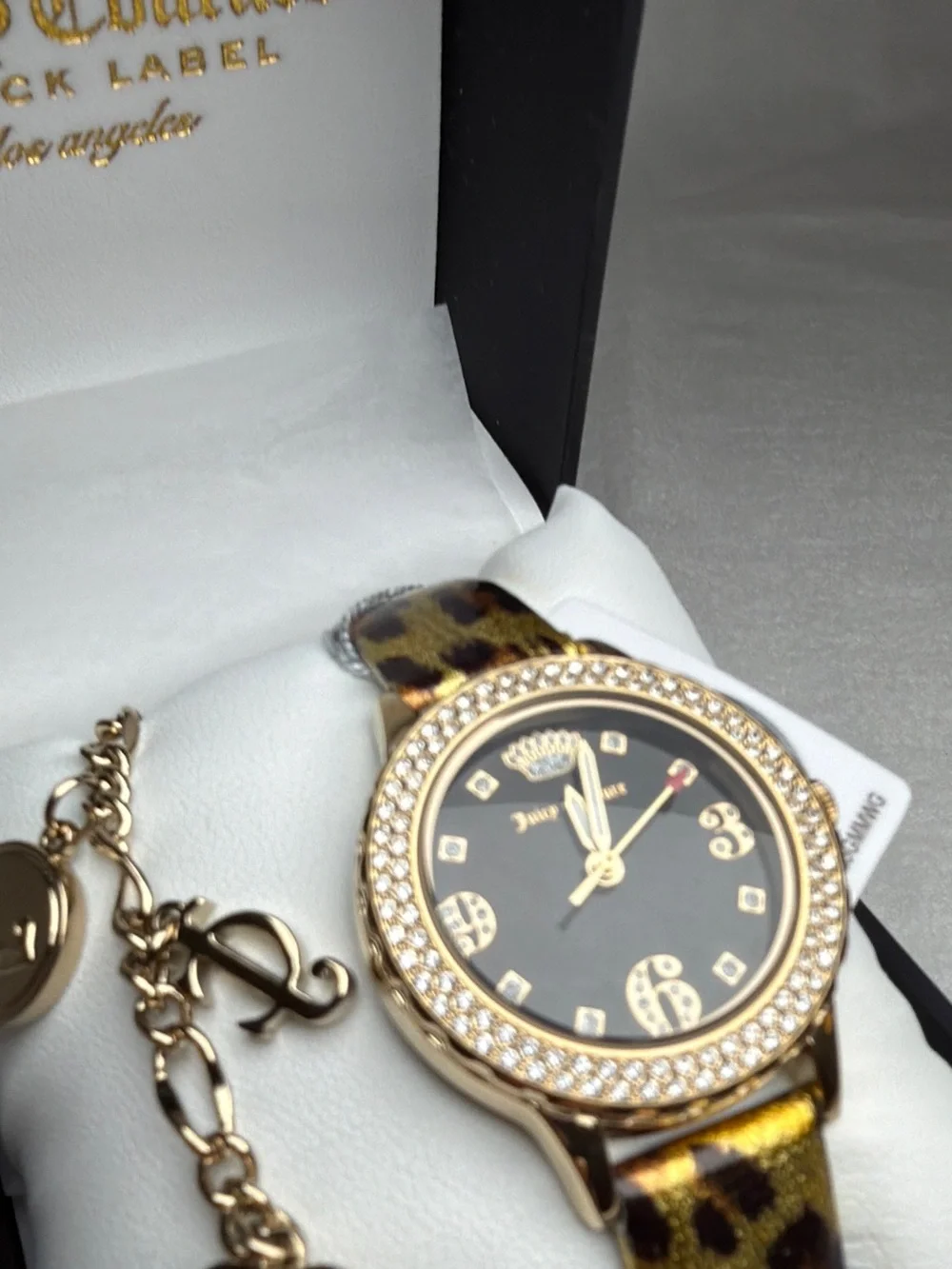 NIB Juicy Couture Black Label Swarovski Crystal Leopard Watch Charm Bracelet Set
